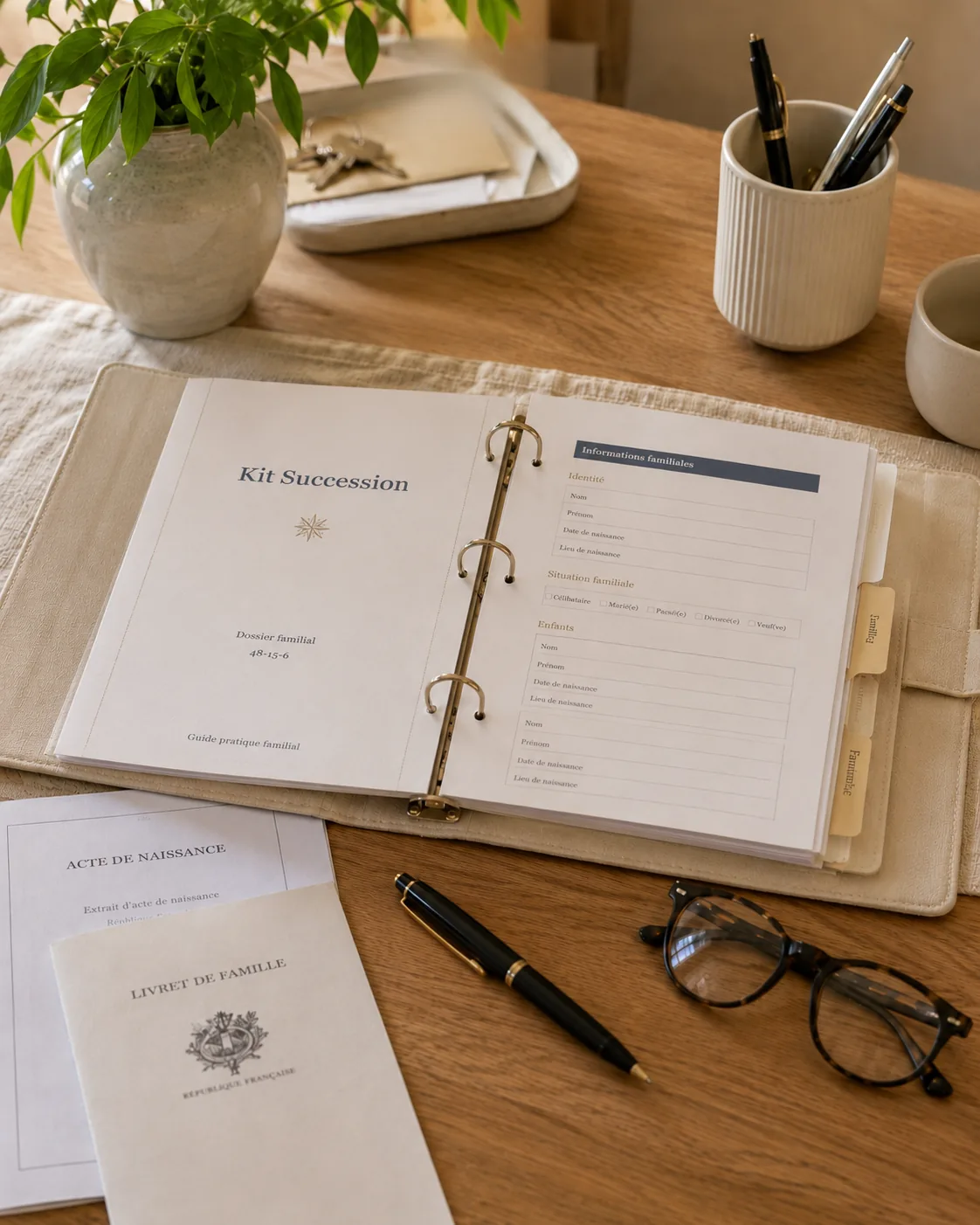 Kit Succession ouvert sur la table avec la première fiche Informations familiales et le sommaire du Dossier familial 48-15-6